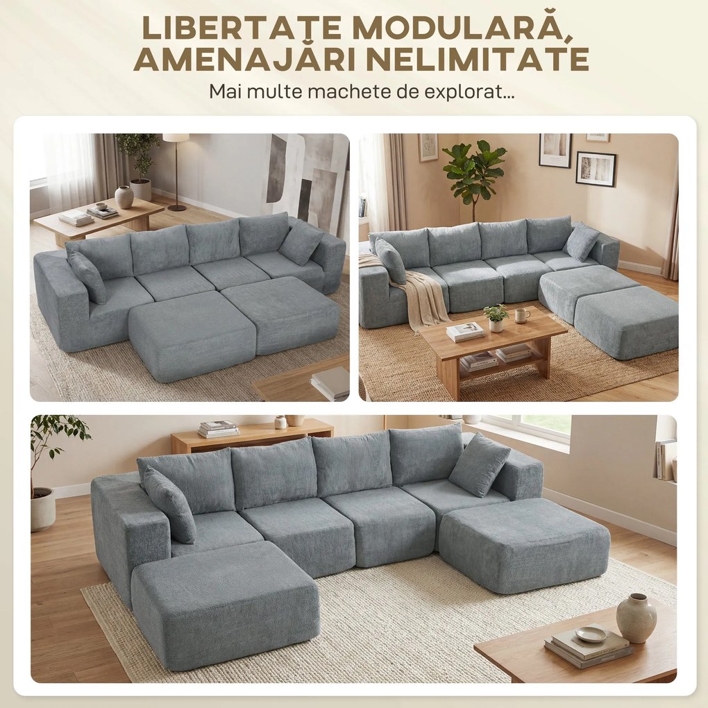 HOMCOM Canapea Modulară Secțională 294 cm, în Formă de U cu 2 Poufuri, Fără Asamblare, Gri Închis, pentru Sufragerie și Dormitor. | Aosom Romania