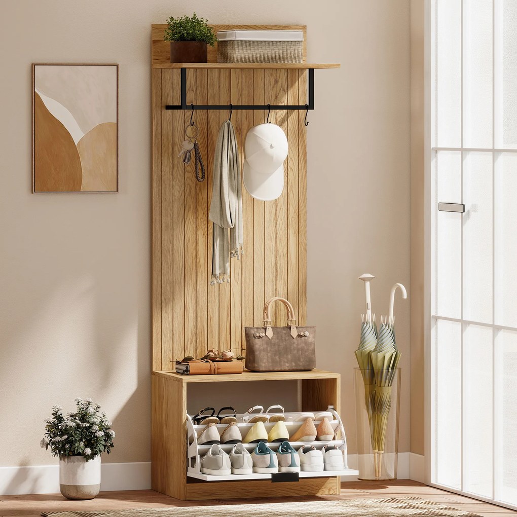 HOMCOM Cuier de Hol cu Pantofar Rabatabil, Cuier cu Bancă, 4 Cârlige și Rafturi pentru Pantofi, Organizator Modern pentru Hol și Coridor, Stejar și Alb | Aosom Romania