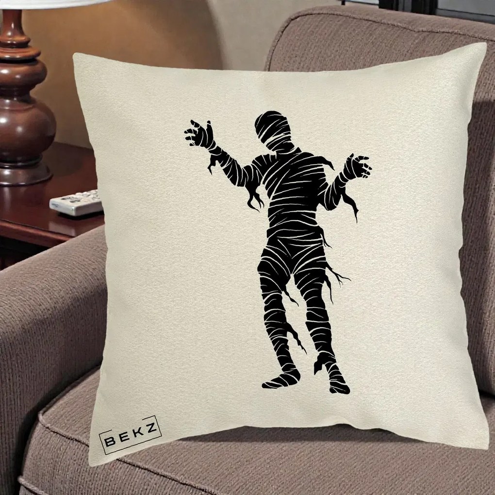 Perna Decorativa Mormii Infricosat Silueta Neagra Halloween, 40x40 cm, Ecru, Husa Detasabila, Perna Inclusa, BEKZ®