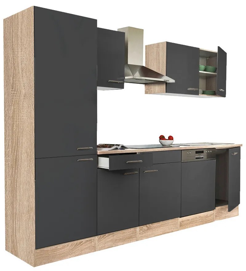 Mobilă de bucătărie Yorki 280, corp stejar sonoma, față antracit satinat, cu dulap cu raft
