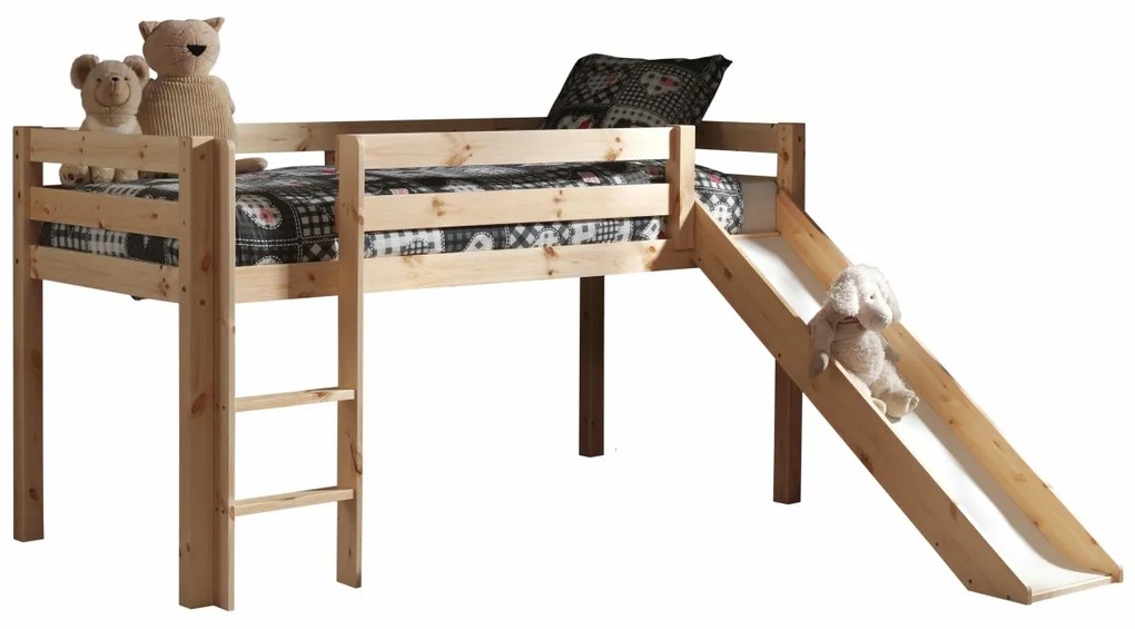 Pat înălțat copii VIPACK Pino cu tobogan, 90 x 200 cm, natur, înălțime 115 cm