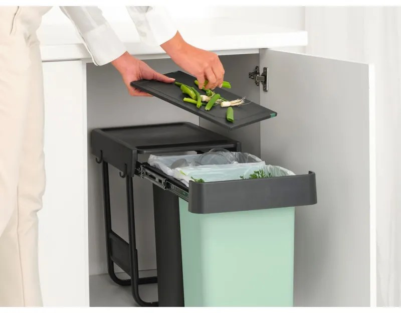 Cos de gunoi colectare selectiva Brabantia Sort&Go 1008862, 2x15 L, Montaj intern cu cadru telescopic, Gri/verde