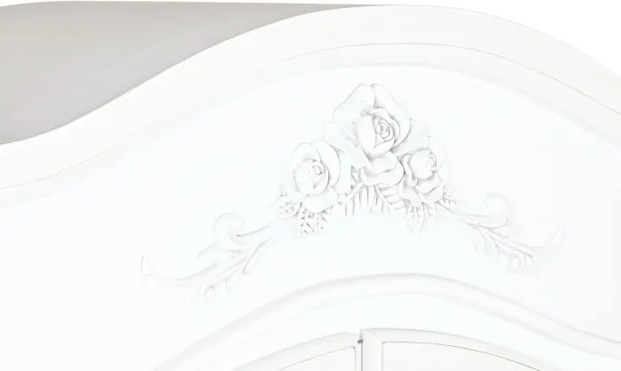 Vitrină shabby chic din lemn, alb, cu 2 uși vitrate, 3 rafturi, 2 sertare și decor cu trandafiri, finisaj patinat, 193 x 76 x 39 cm, „Magnolia”