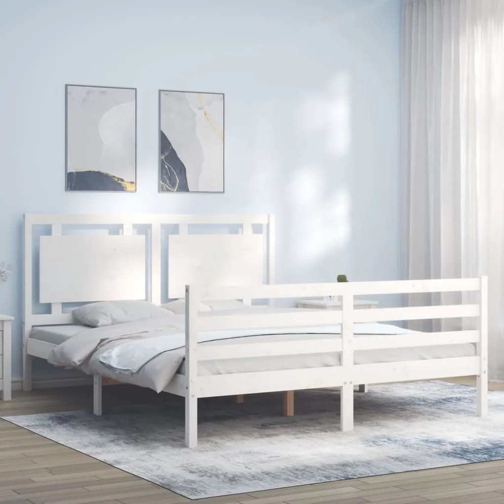 vidaXL Cadru de pat cu tăblie, alb, 160x200 cm, lemn masiv