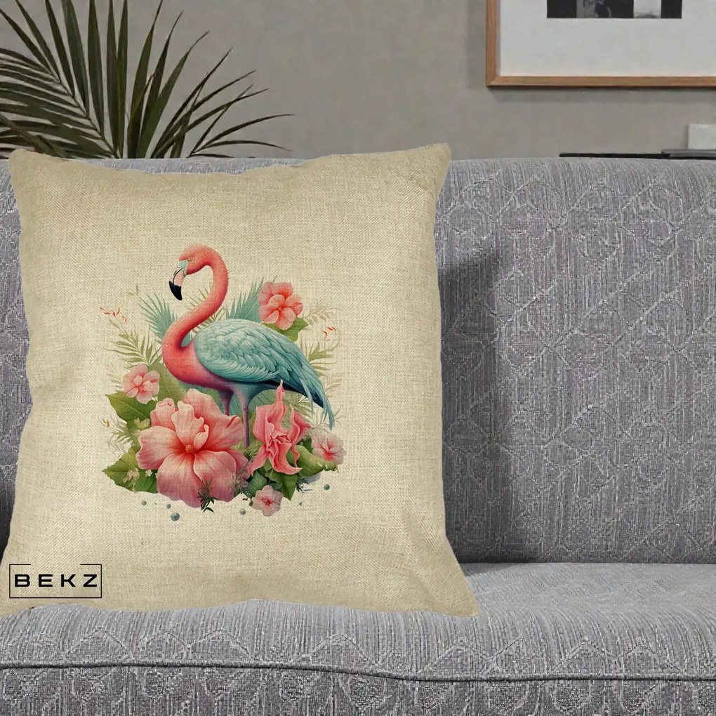Perna Decorativa Flamingo cu Hibiscus Tropical, 40x40 cm, Crem, Husa Detasabila, Perna Inclusa, BEKZ®