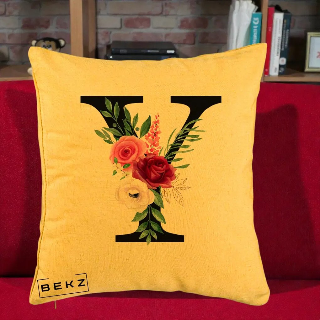 Cadou Personalizat - Perna Personalizata Monograma Florala Litera Y cu Buchet, 40x40 cm, Galben, Husa Detasabila, Perna Inclusa, BEKZ®