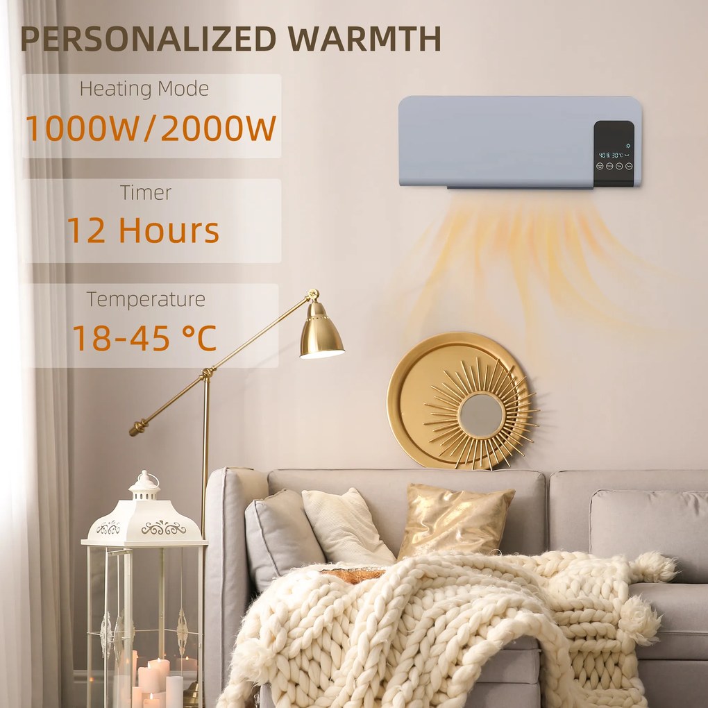 HOMCOM Ventilator Termic de Perete cu Temporizator 12h și 2 Moduri Gri | Aosom Romania