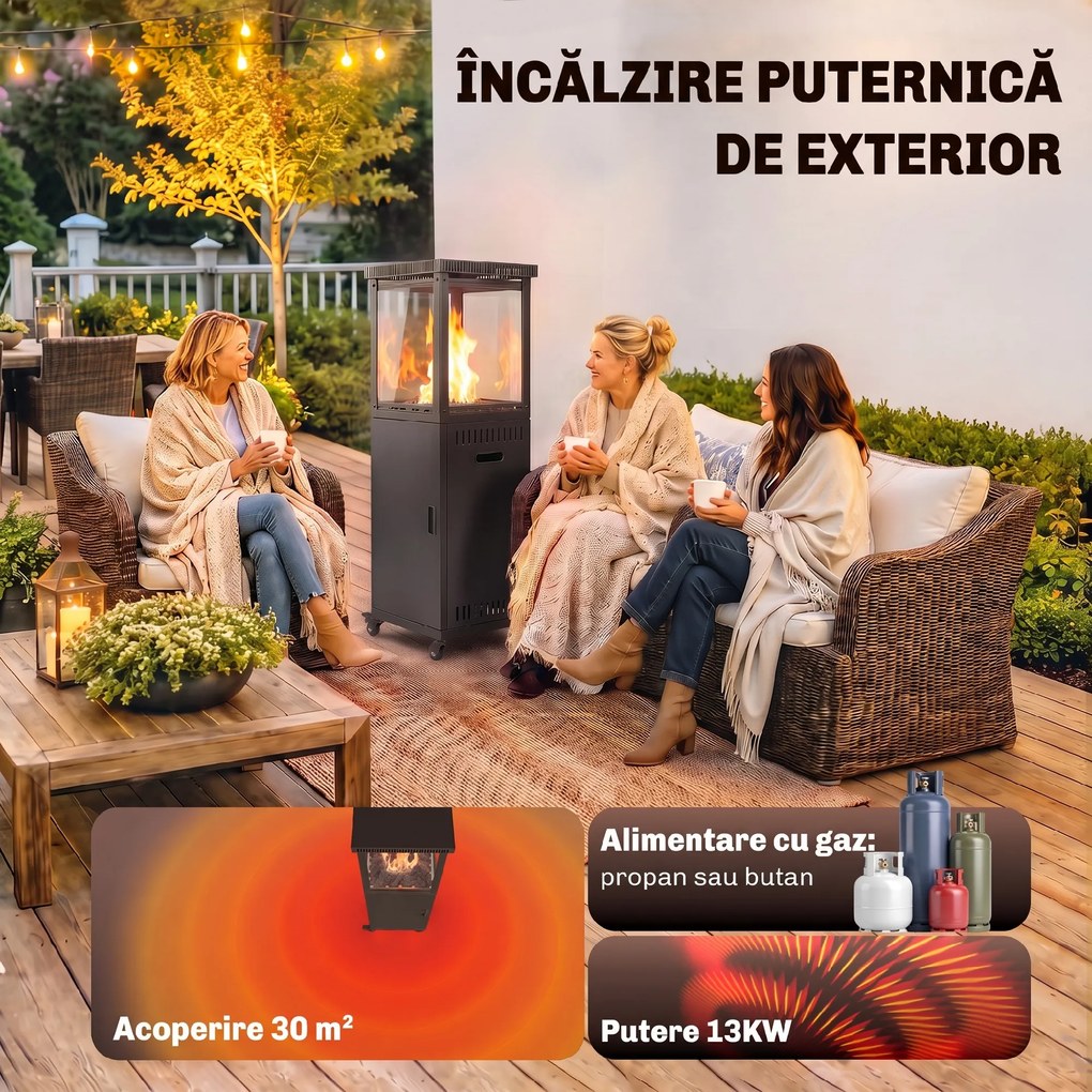 Outsunny Încălzitor pe Gaz pentru Exterior 13 kW, cu Roți și Pietre Lavice, Negru | Aosom Romania