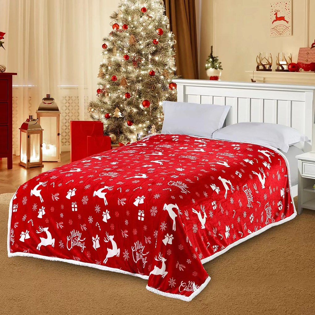 Patura rosie de miel de Craciun de la microplush CANDY BELLS Dimensiuni: 160 x 200 cm