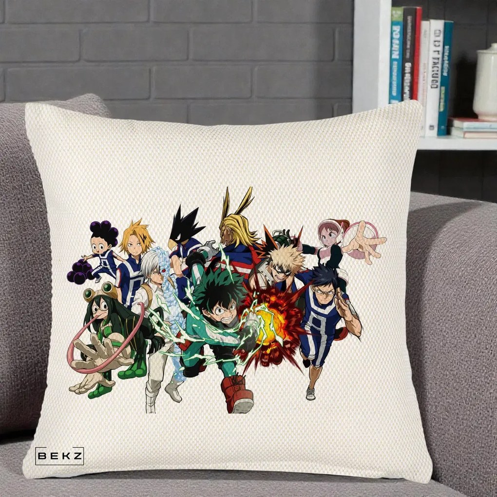 Perna Personalizata My Hero Academia Clasa 1-A Complet, 40x40 cm, Crem Reliefat, Husa Detasabila, Perna Inclusa, BEKZ®