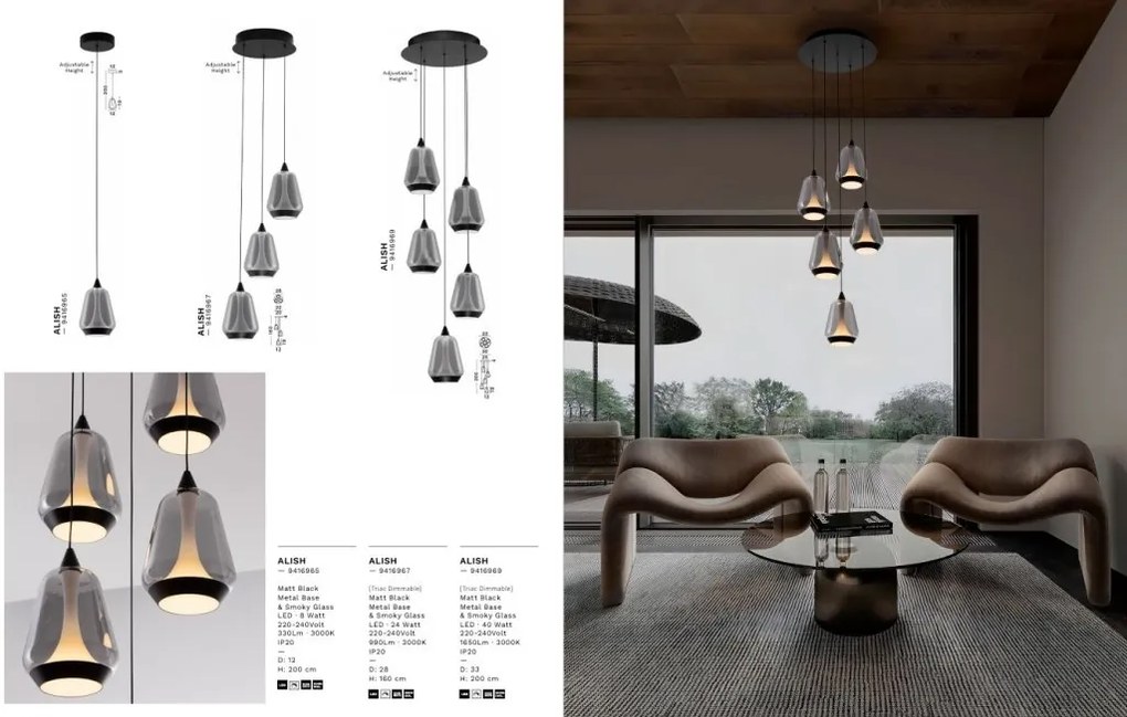 Lustra moderna cu 5 pendule LED, Metal, Sticla, Fumuriu, ALISH