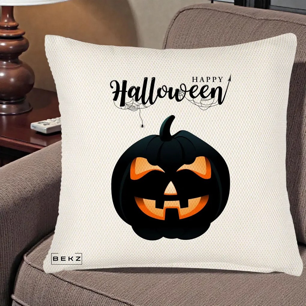 Perna Decorativa Happy Halloween Dovleac Negru cu Paianjen, 40x40 cm, Crem Reliefat, Husa Detasabila, Perna Inclusa, BEKZ®
