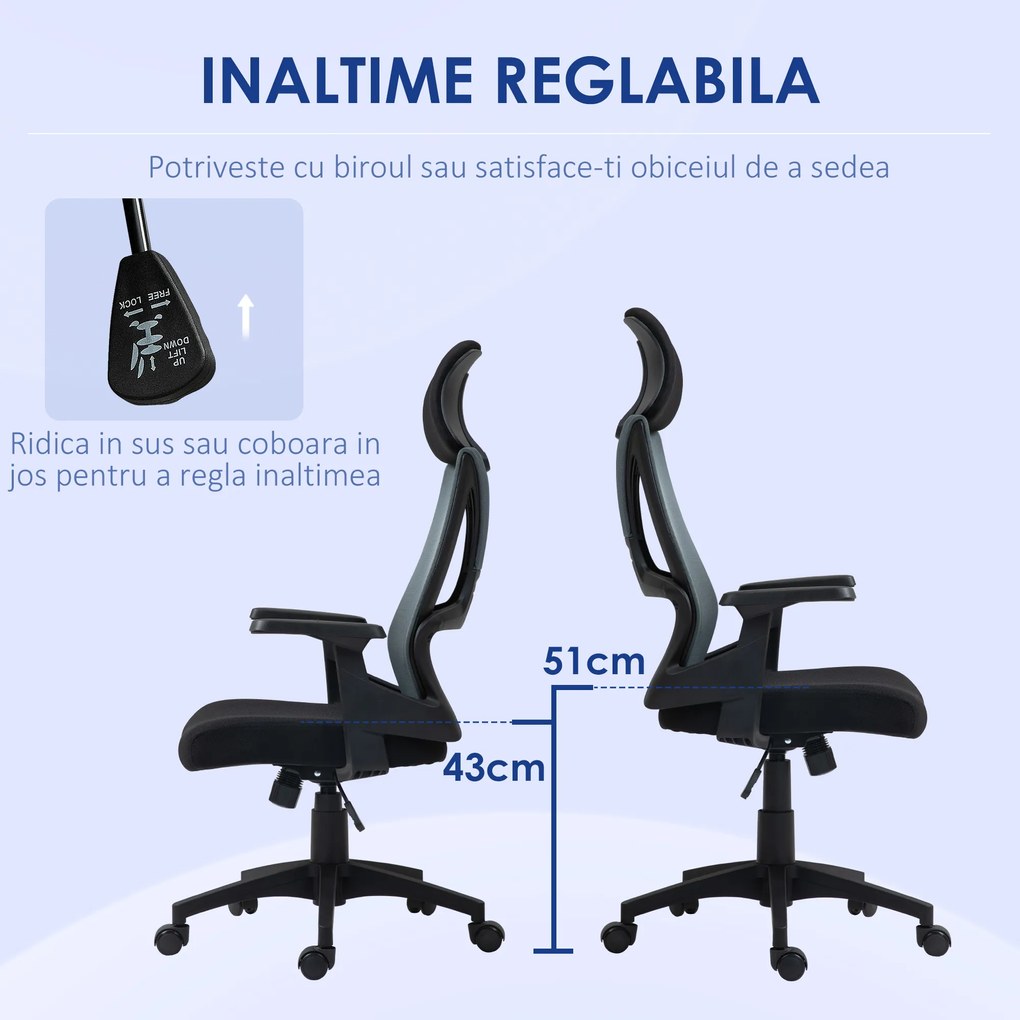 HOMCOM Scaun Ergonomic de Birou cu Suport Lombar, Tetieră și Înălțime Reglabilă, 66x58x115-123 cm, Negru | Aosom Romania