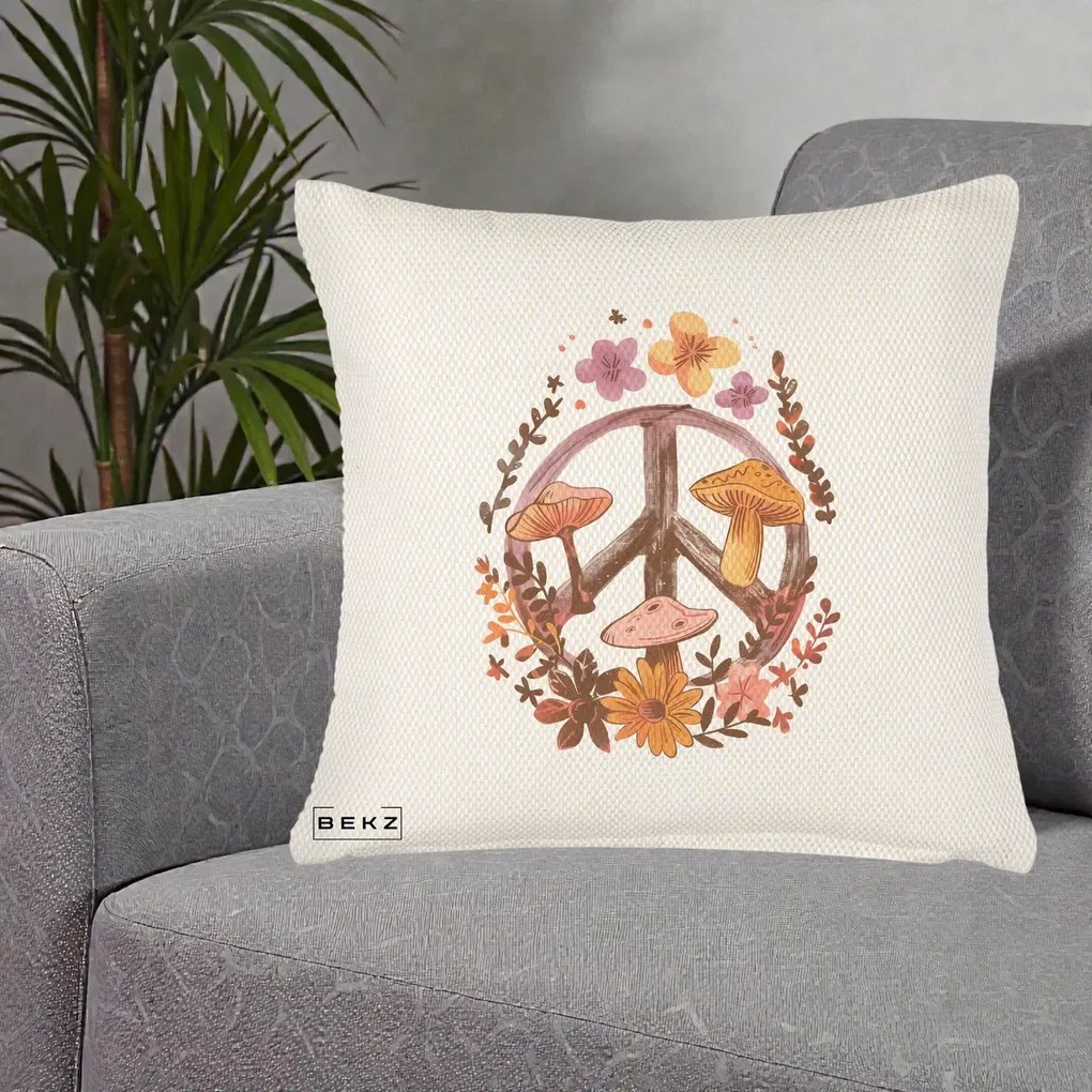 Perna Decorativa Peace Sign Ciuperci Floral, 40x40 cm, Crem Reliefat, Husa Detasabila, Perna Inclusa, BEKZ®