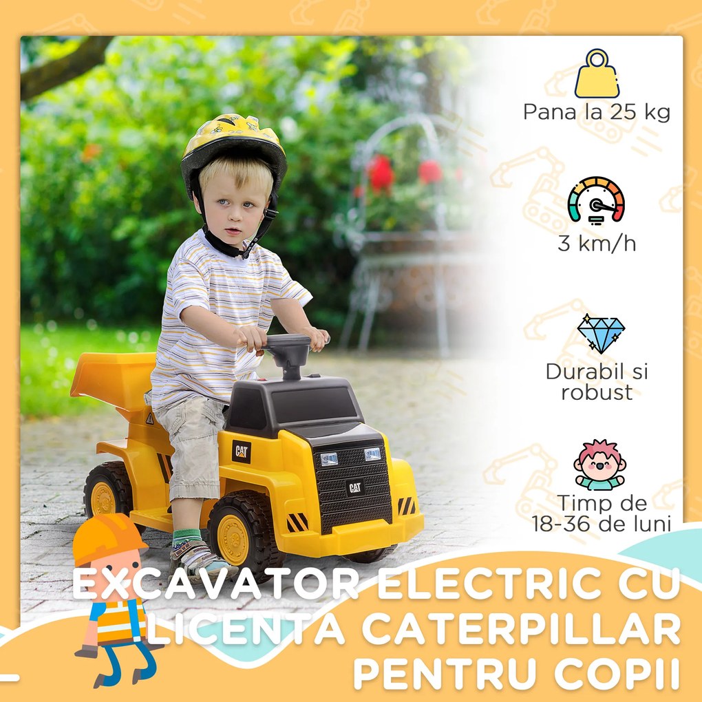 HOMCOM Camion Jucarie Electric cu Licenta CAT, Faruri si Efecte Sonore pentru Copii 18-36 Luni, 74.5x36x43.5 cm, Galben si Negru