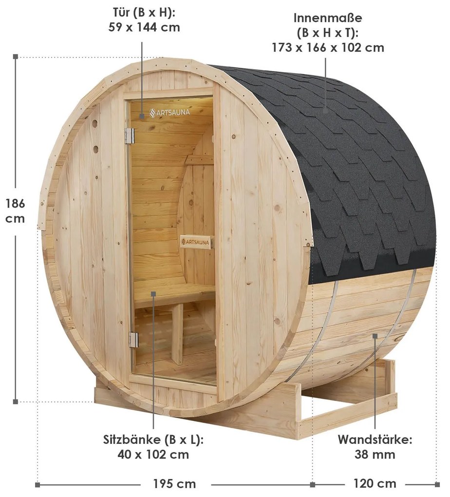 Vonkajšia sudová sauna Spitzbergen M dĺžka 120 cm priemer 190 cm (3,6 kW)