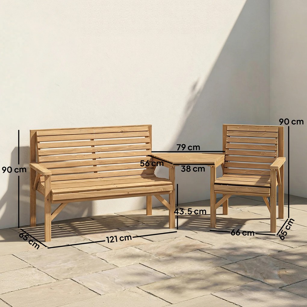 Outsunny Set 3 scaune de grădină, mobilier balcon cu orificiu pentru umbrelă, scaun de grădină, bancă, masă detașabilă 121x65x90 cm Lemn natural | Aosom Romania