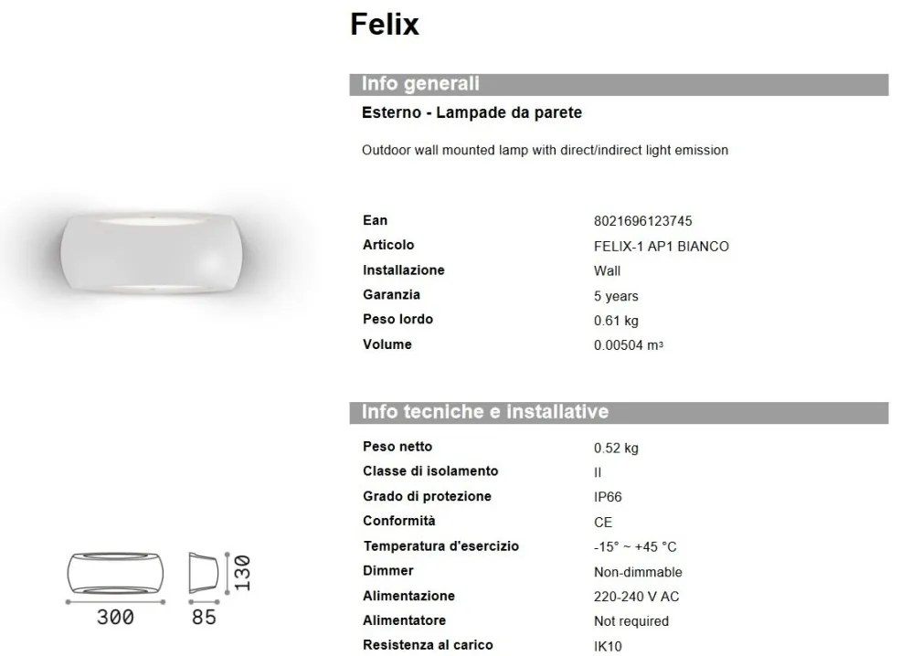 Aplica de perete exterior IP66 FELIX-1 AP1 BIANCO
