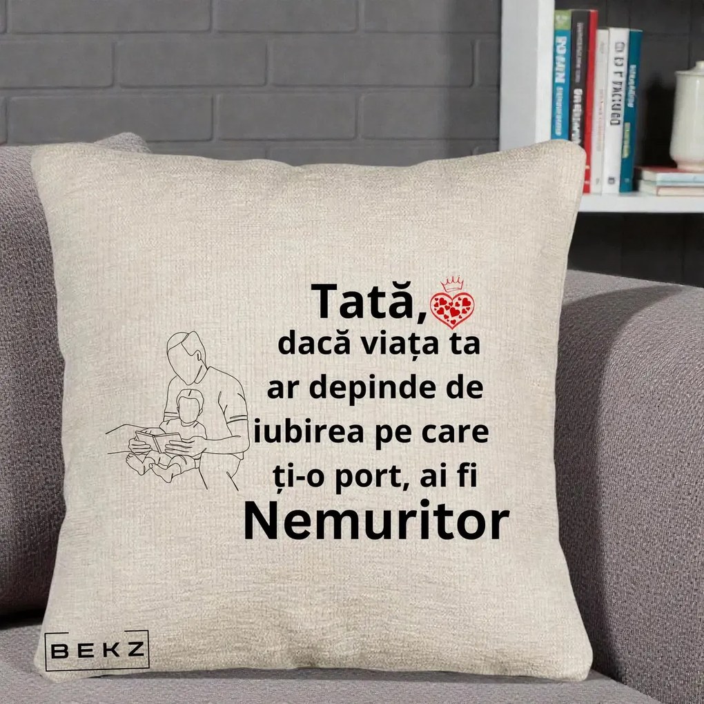 Cadou pentru Tata - Perna Personalizata Tata Nemuritor Lectura, 40x40 cm, Bej Canapea, Husa Detasabila, Perna Inclusa, BEKZ®