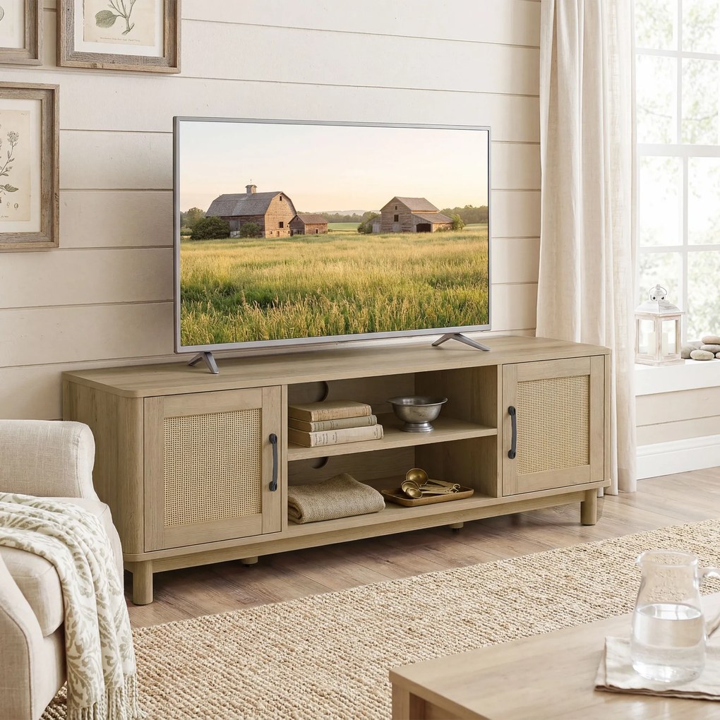 HOMCOM Comodă TV 135 cm, mobilier TV pentru televizor până la 165,1 cm cu 2 uși din ratan, 2 compartimente deschise, stejar | Aosom Romania