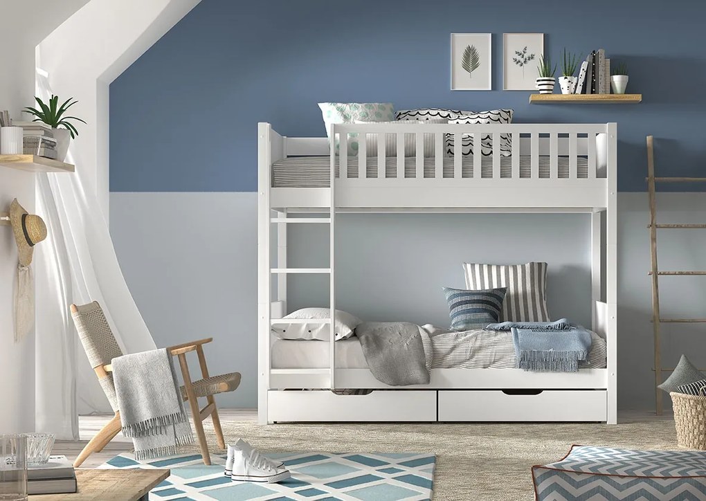 Pat supraetajat pentru copii SCOTT, alb, 90 x 200 cm, din pin scandinav și MDF, cu somiere incluse și 2 sertare pentru depozitare – Vipack