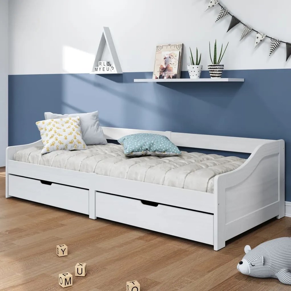353321 vidaXL Pat de zi cu 2 sertare "IRUN", alb, 90x200 cm, lemn masiv pin
