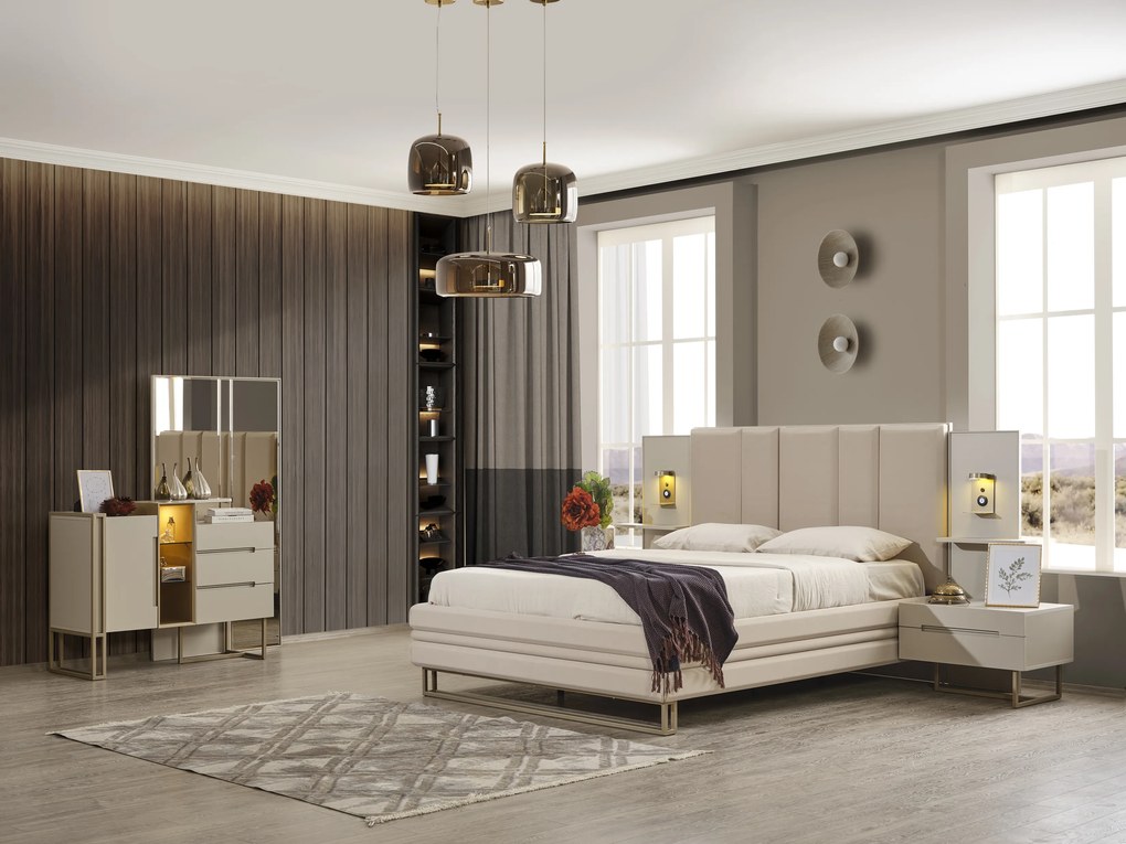 Set dormitor cu pat, noptiere, dulap, comoda din mdf crem si picioare metalice - riva