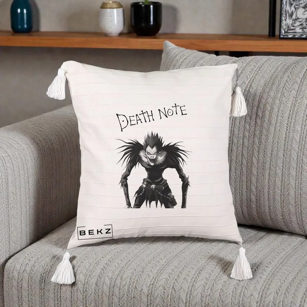 Perna Personalizata Death Note Ryuk Shinigami Alb-Negru, 40x40 cm, Bej cu Franjuri, Husa Detasabila, Perna Inclusa, BEKZ®