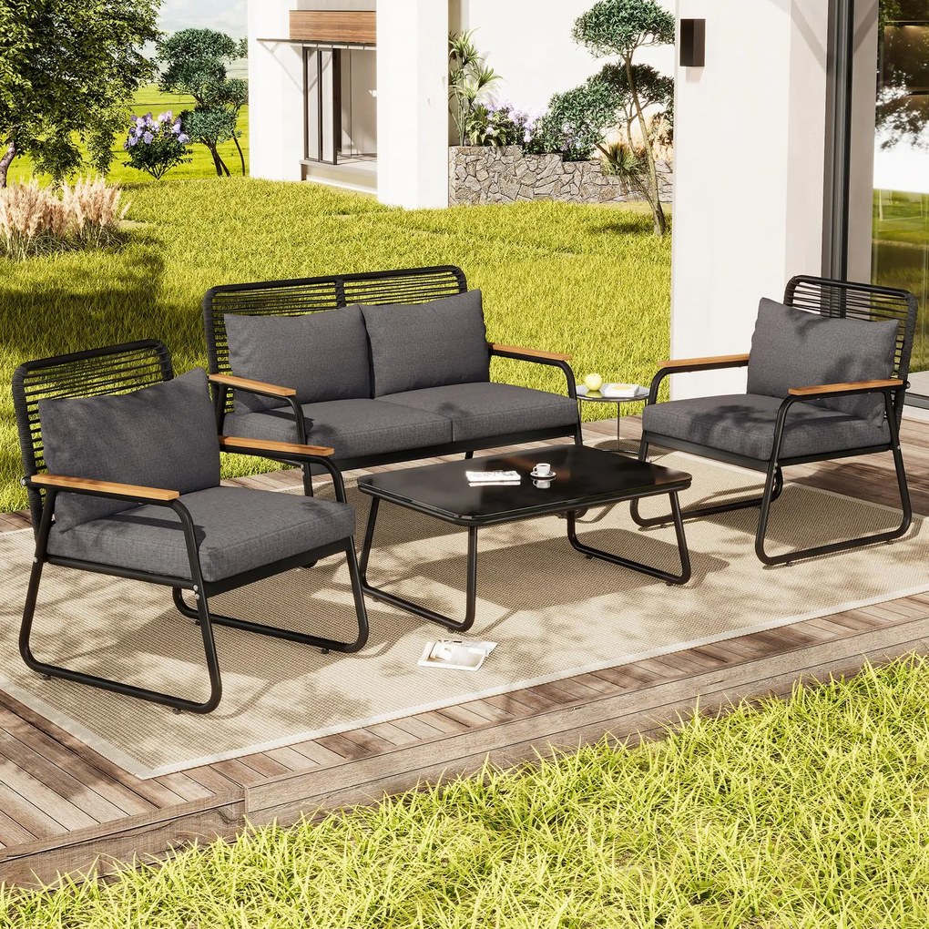 Set de lounge pentru grădină pentru 4 persoane, cu canapea dublă, 2 canapele individuale și 1 măsuță de cafea, Negru