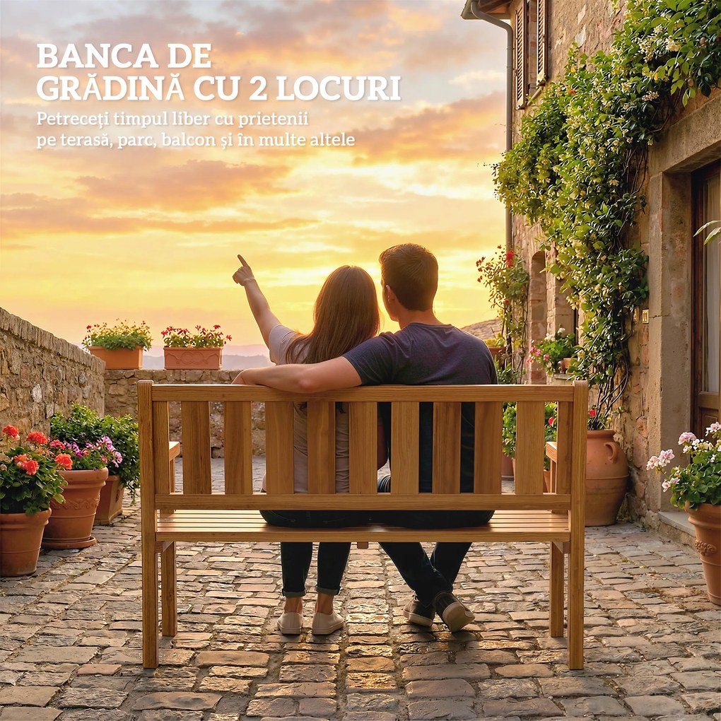 Outsunny Bancă de Grădină pentru 2 Persoane, Bancă de Exterior cu Lamele din Lemn de Molid, Stil Country, Bancă pentru Terasă, Patio și Curte, 150x57x93 cm, Culoare Teak | Aosom Romania
