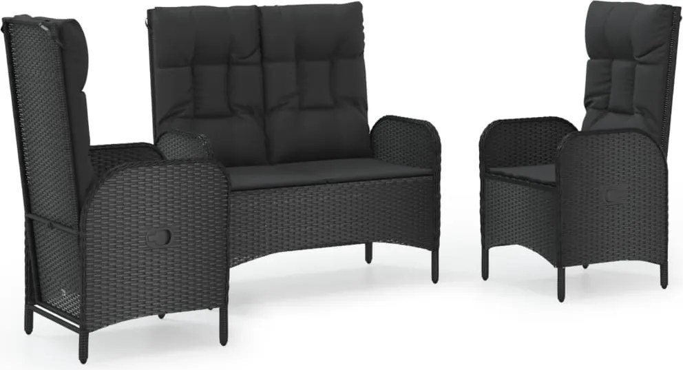 vidaXL Set mobilier de grădină cu perne, 3 piese, negru, poliratan