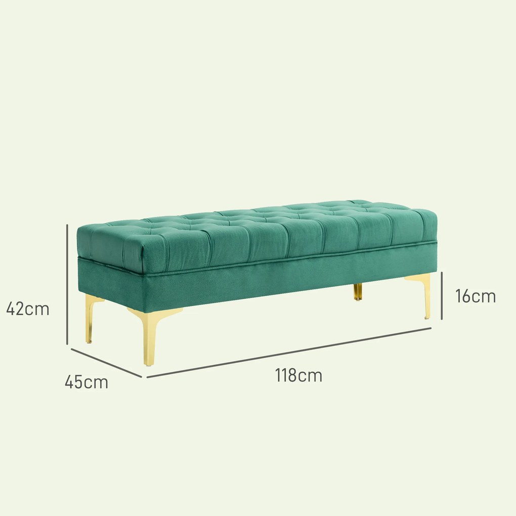 HOMCOM Bancă Hol, cu Husă Capitonată din Catifea cu Picioare Metalice pentru intrare, dormitor sau sufragerie, 118x45x42 cm, Verde | Aosom Romania