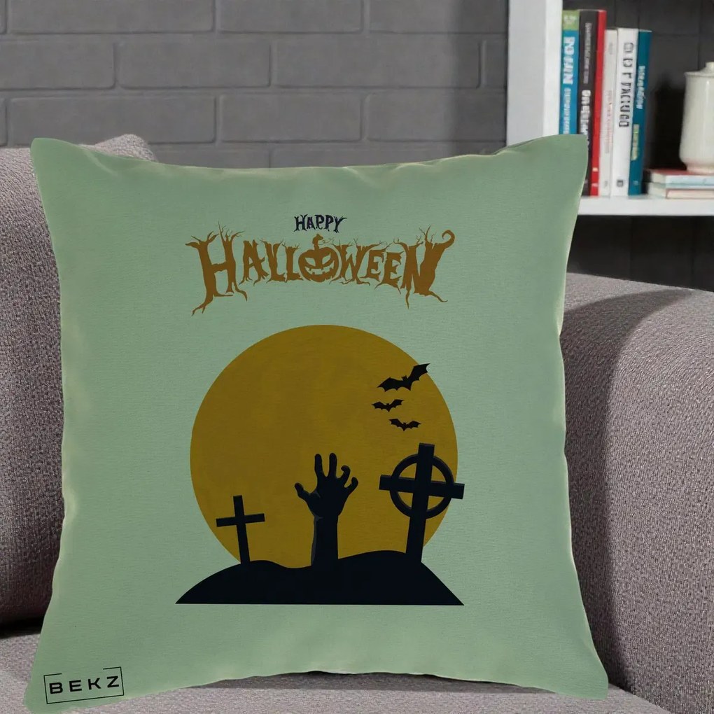 Perna Decorativa Happy Halloween Cimitir cu Luna, 40x40 cm, Verde, Husa Detasabila, Perna Inclusa, BEKZ®