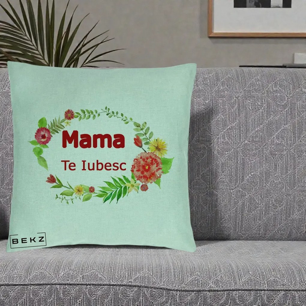 Cadou pentru Mama - Perna Personalizata Mama Te Iubesc Flori Rosii, 40x40 cm, Verde Menta, Husa Detasabila, Perna Inclusa, BEKZ®