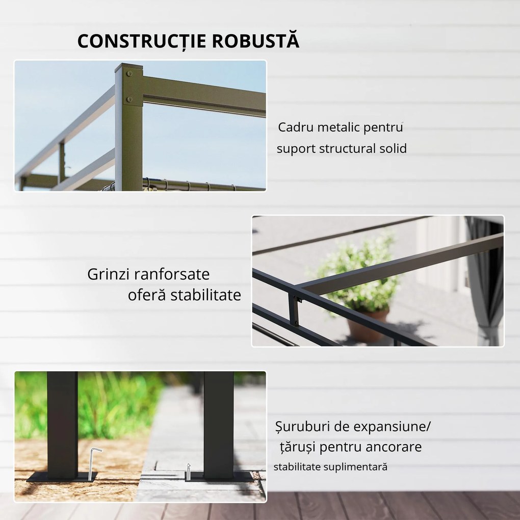 Outsunny Gazebo Pergolă 3x3 m cu Acoperiș Retractabil Glisant, 4 Pereți Laterali, Orificii de Drenare, Pergolă de Grădină din Poliester și Oțel, pentru Terasă, Curte, Exterior, UV30+, Gri Închis | Aosom Romania
