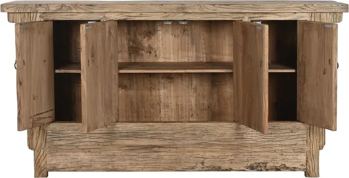 Bufet rustic din lemn de ulm reciclat, natur, cu 4 uși și mânere cu inel din metal, 90 x 177 x 46 cm, „Étable”