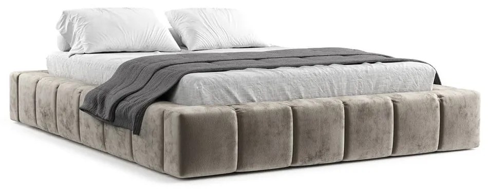 Pat matrimonial bej tapițat cu spațiu de depozitare cu somieră 200x200 cm Aruba L – Maison de Rêve