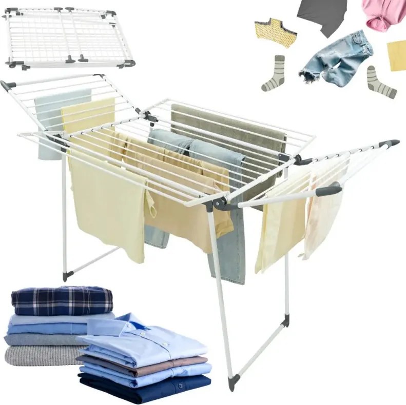 Uscător de rufe pliabil Kinghoff KH 2041, 25 m, până la 20 kg, capete antiderapante, oțel, alb/gri