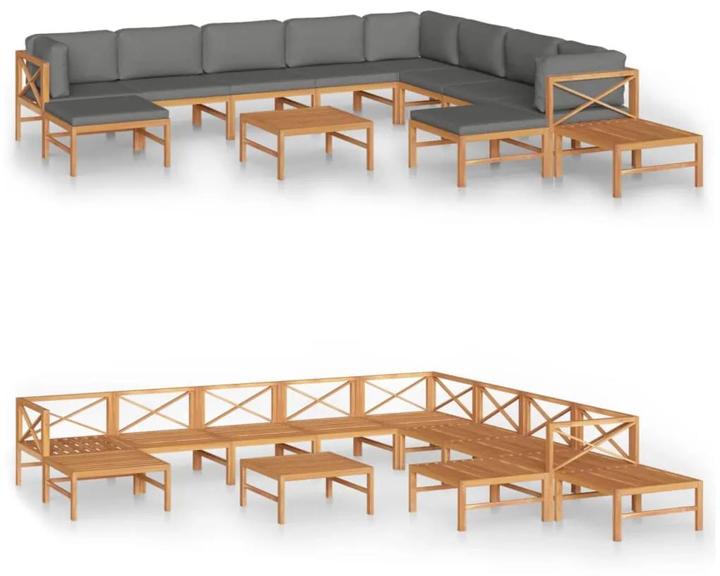 Set mobilier gradina cu perne gri, 12 piese, lemn masiv de tec Gri, 3x colt + 5x mijloc + 2x suport pentru picioare + 2x masa, 1