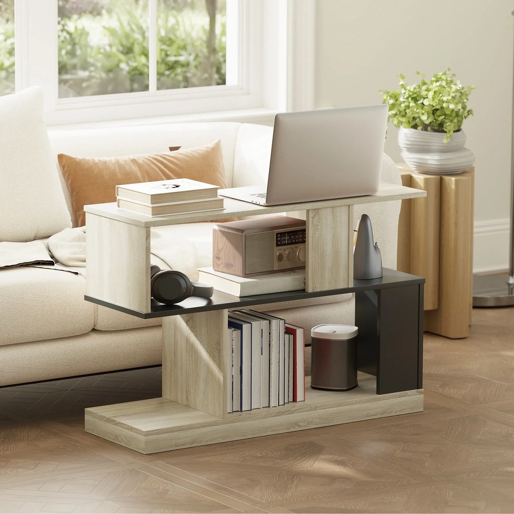 HOMCOM Măsuță laterală în formă de S, măsuță de canapea cu 3 niveluri și rafturi de depozitare, 90 x 30 x 61 cm, efect lemn natural negru | Aosom Romania