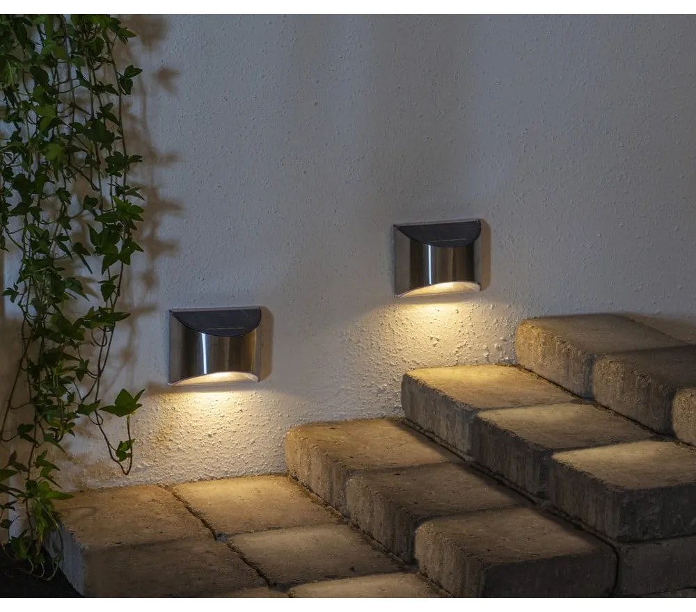 Set de 2 lămpi de perete solare cu LED-uri din oțel inoxidabil Star Trading Wally, înălțime 8 cm