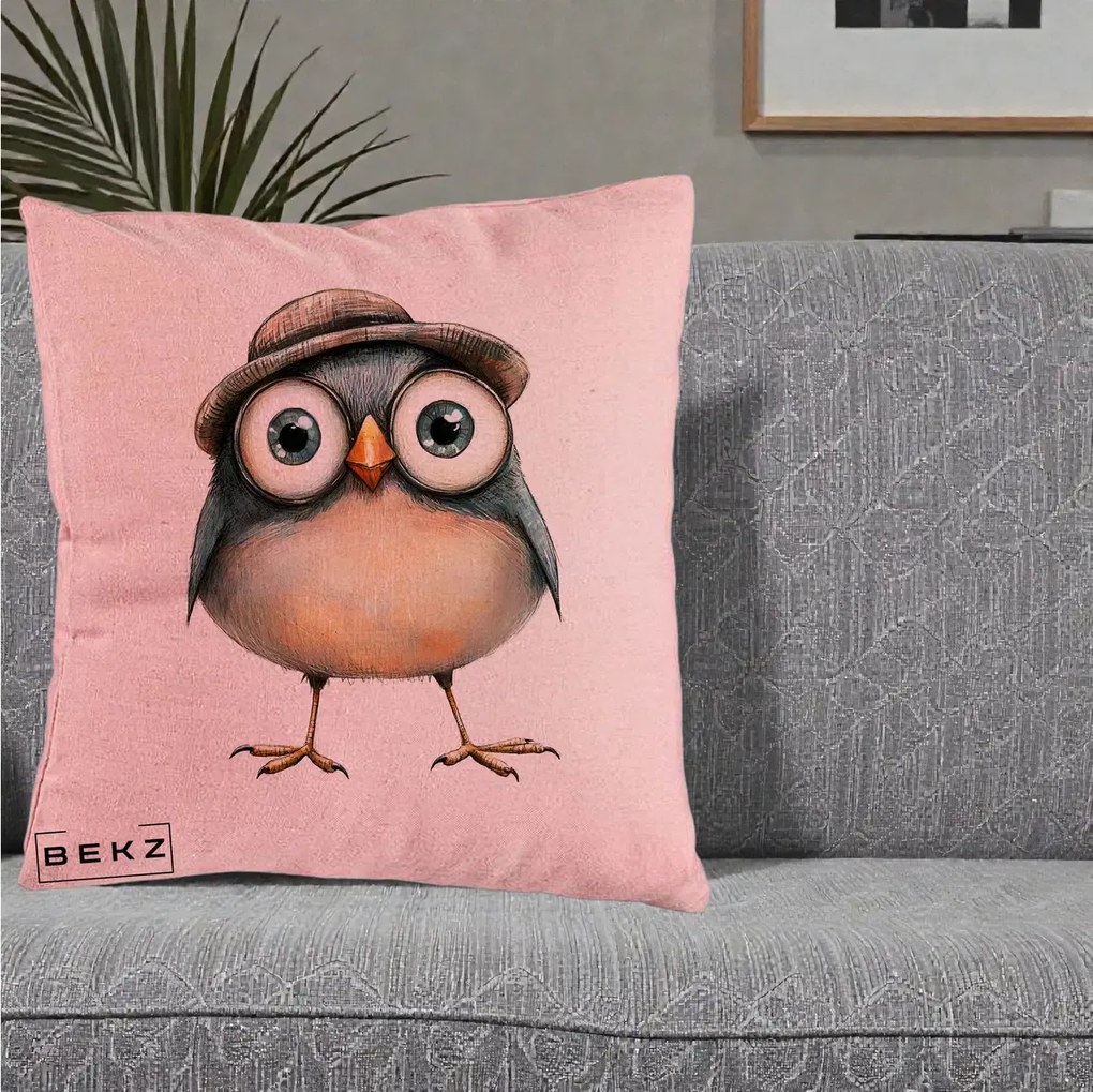 Perna Decorativa Pui cu Palarie Rotunda, 40x40 cm, Roz, Husa Detasabila, Perna Inclusa, BEKZ®
