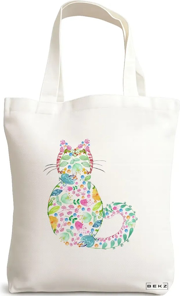 Sacosa de Panza pentru Cumparaturi, Geanta Tote, model Floral Cat, 38x34.5 cm, Alba, BEKZ®