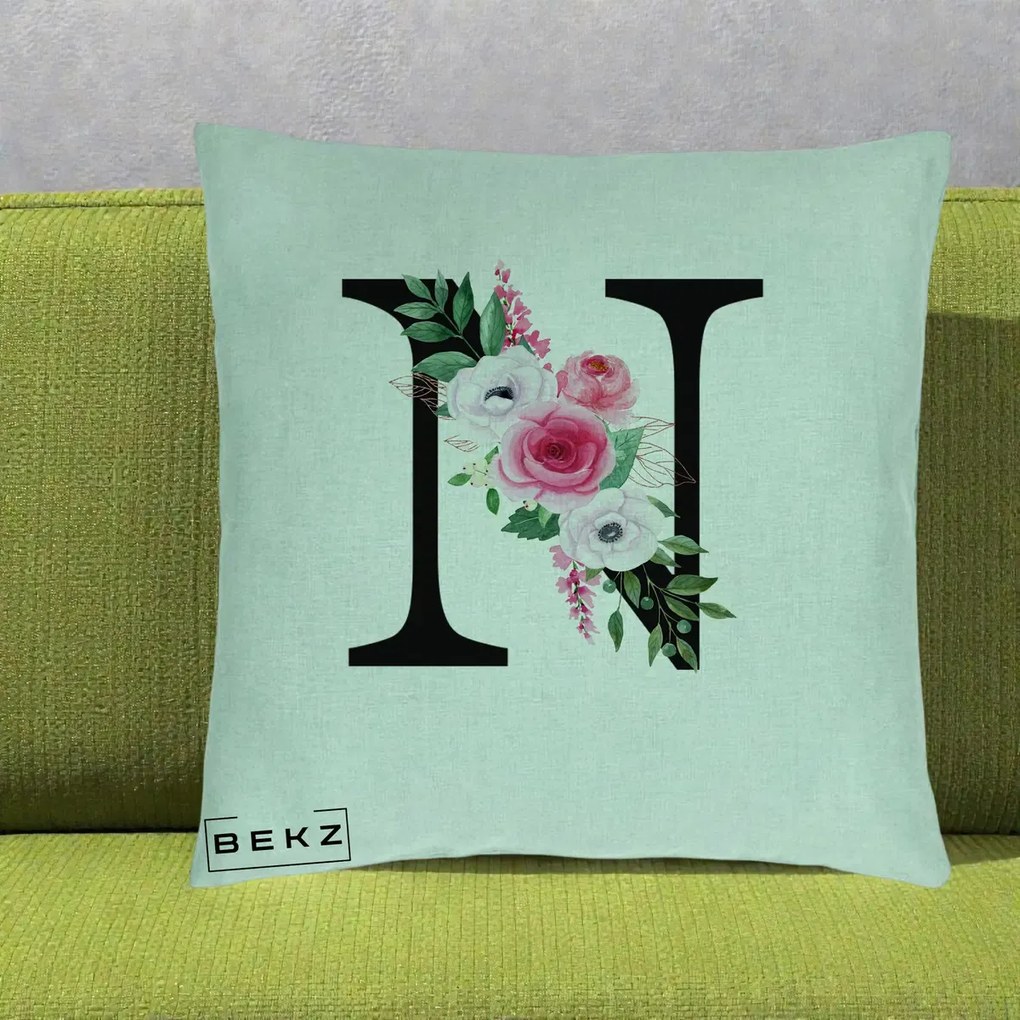 Cadou Personalizat - Perna Personalizata Monograma Florala Litera N, 40x40 cm, Verde Menta, Husa Detasabila, Perna Inclusa, BEKZ®