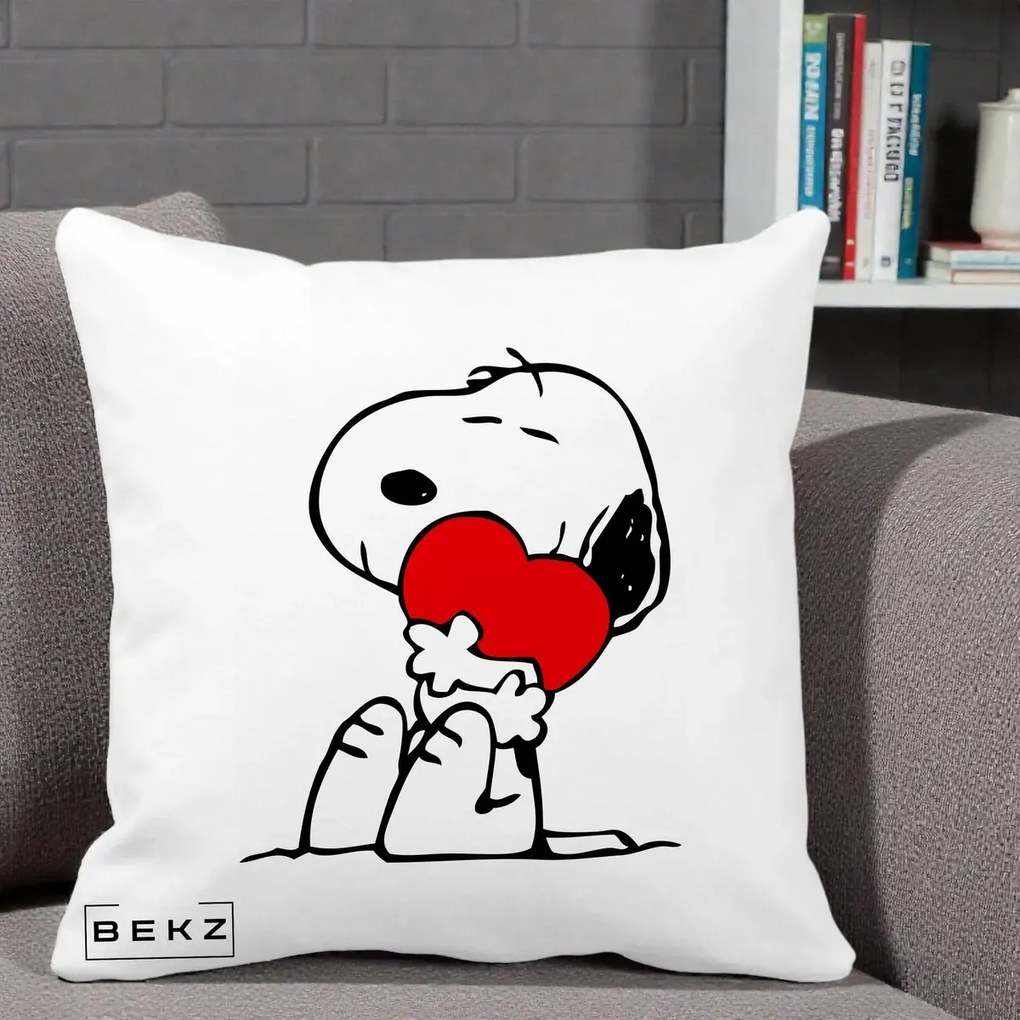 Perna Personalizata Snoopy cu Inima, 40x40 cm, Alba Mata, Husa Detasabila, Perna Inclusa, BEKZ®