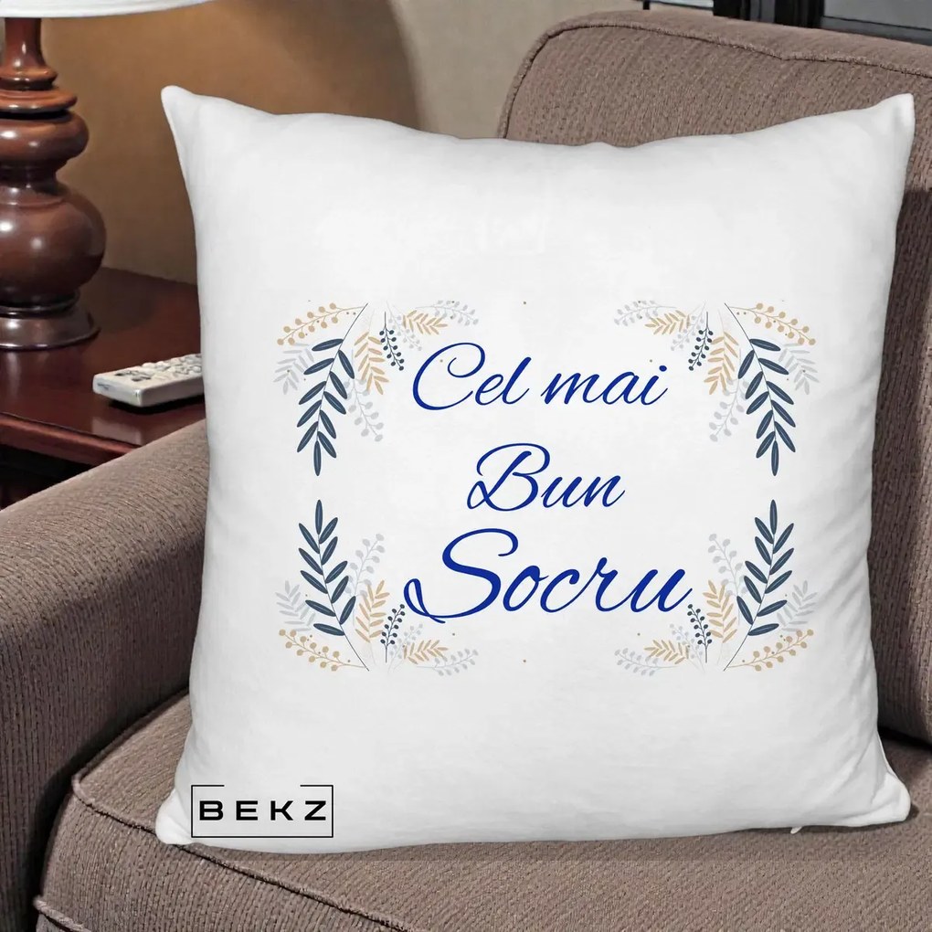 Cadou pentru Socru - Perna Personalizata Cel mai Bun Socru cu Ramuri Frunze Albastre si Aurii, 40x40 cm, Alb Pufos, Husa Detasabila, Perna Inclusa, BEKZ®