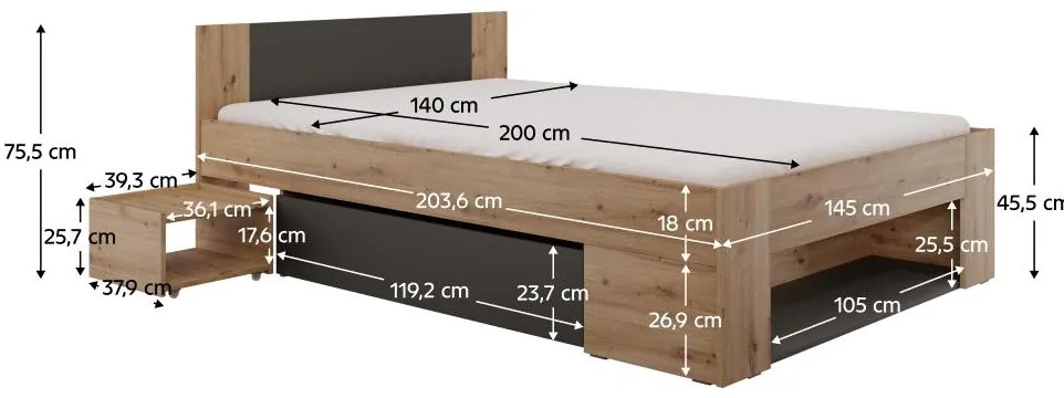 Pat matrimonial 140 cm Uniforme (stejar artisan + antracit) (cu sp. depozitare). 1116535