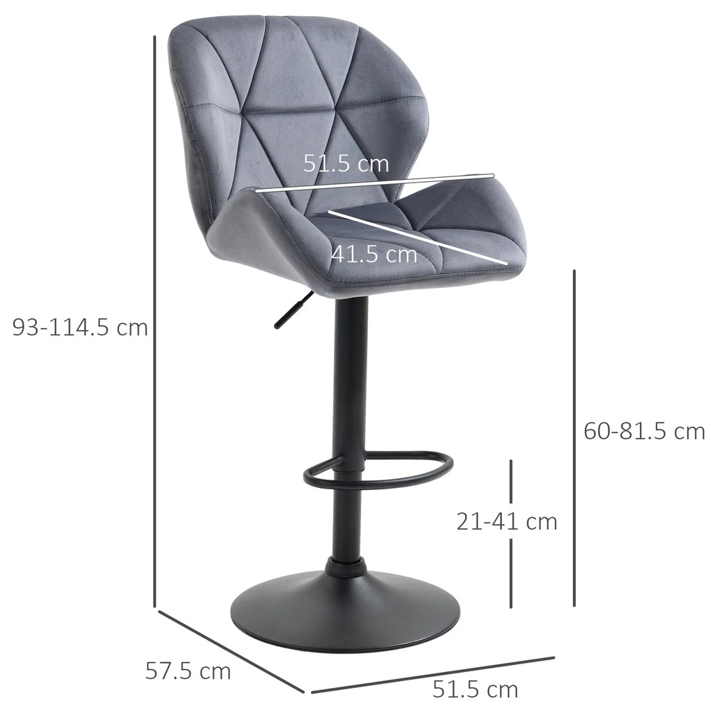 HOMCOM Set de 2 Scaune de Bar cu Înălțime Reglabilă, Bază Metalică și Șezut din Catifea, 51.5x57.5x93-114.5 cm, Gri | Aosom Romania