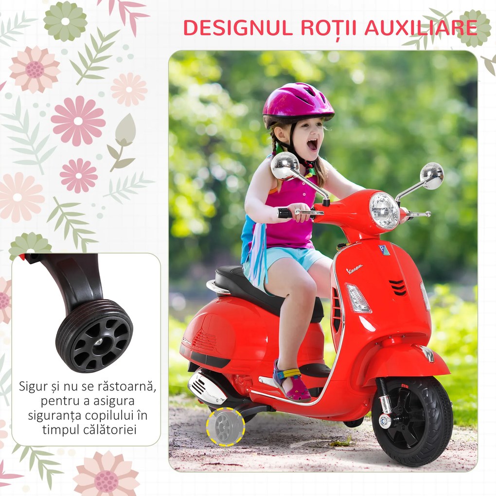 HOMCOM Motocicletă Electrică pentru Copii, 6V cu Muzică, Lumini și Sunete, 102x50,5x75,5 cm, Roșu | Aosom Romania