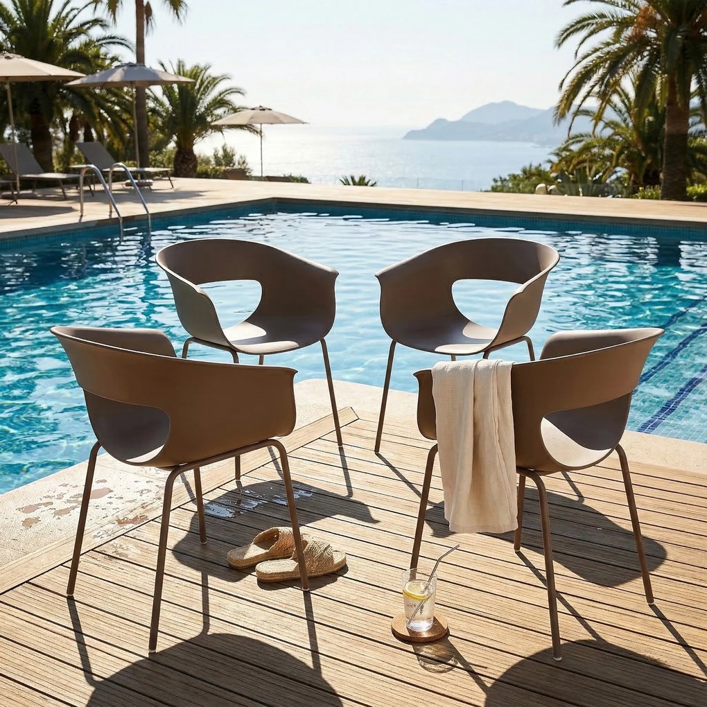 Outsunny Scaune de grădină Set 4 buc ergonomice pentru balcon cu design decupaj cotiere rezistente la intemperii Cafeniu | Aosom Romania